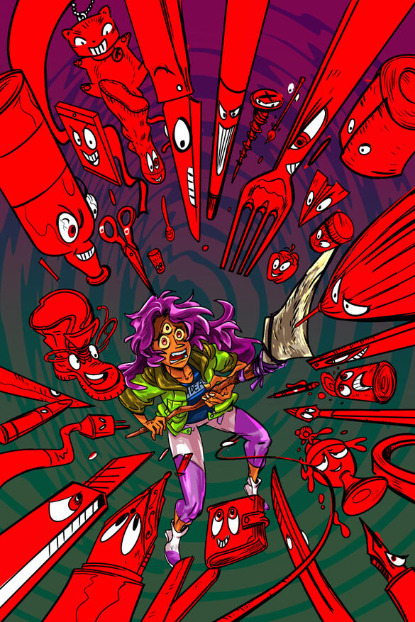 Comic Cover to Miranda in the Maestrom: a young woman holding a spear surrounded by inanimate objects come to life.